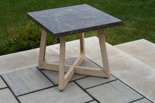 Load image into Gallery viewer, Small outdoor table with a stone top and wooden base on a patio