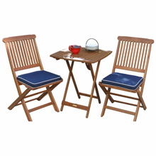 Load image into Gallery viewer, Wooden outdoor table with two chairs and blue cushions