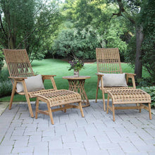 Load image into Gallery viewer, Outdoor patio set with wicker chairs, ottomans, and a small wicker with wood top accent table.