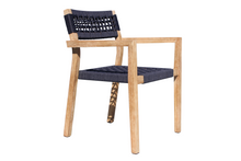 Load image into Gallery viewer, A set of four blue rope stacking chairs made of eucalyptus hardwood with nautical-grade rope and protective resin footpads.