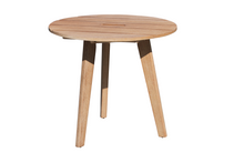 Load image into Gallery viewer, A round, brown wooden slat-style accent table with stainless steel hardware.
