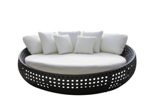 Load image into Gallery viewer, Black wicker daybed with white acrylic fabric and multiple white throw pillows