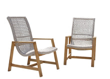 Load image into Gallery viewer, Two beige lounge chairs made with teak wood frames and rope seating.