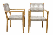 Load image into Gallery viewer, A pair of stacking armchairs with coastal rope and teak frames, featuring cushioned seats and backrests.