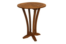 Load image into Gallery viewer, A round bar table with a slatted design and a curved podium base made of sustainable eucalyptus hardwood, without an umbrella hole.