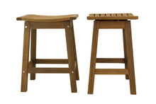 Load image into Gallery viewer, Two brown wooden saddle stools with a curved seat and footrests, made of eucalyptus hardwood with stainless steel hardware.
