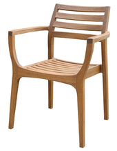 Load image into Gallery viewer, A single Mirabella Danish-inspired stacking armchair made of eucalyptus wood, with a natural finish, having a slatted wood backrest and seat.