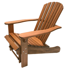Load image into Gallery viewer, A brown eucalyptus wood Adirondack chair with a built-in ottoman, featuring stainless steel hardware and resin footpads.