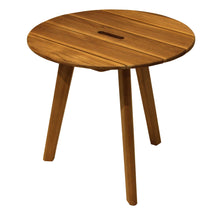 Load image into Gallery viewer, A 20 inch diameter teak accent table with a circular shape and a built-in handle, featuring stainless steel hardware and resin footpads.