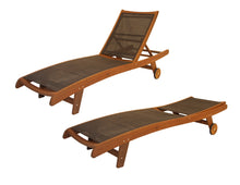 Load image into Gallery viewer, A brown reclining chaise lounger made of eucalyptus hardwood with a woven resin sling, stainless steel hardware, and protective resin footpads, equipped with back wheels.