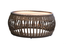 Load image into Gallery viewer, A round, fully assembled coffee table made of teak wood with wicker material, featuring a powder-coated aluminum frame.