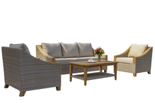 Load image into Gallery viewer, Lucienne Teak & Ash Wicker Sofa with Sunbrella and Matching Armchair and Table.