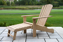 Load image into Gallery viewer, Wooden lounge chair on a patio with a grassy area and trees in the background
