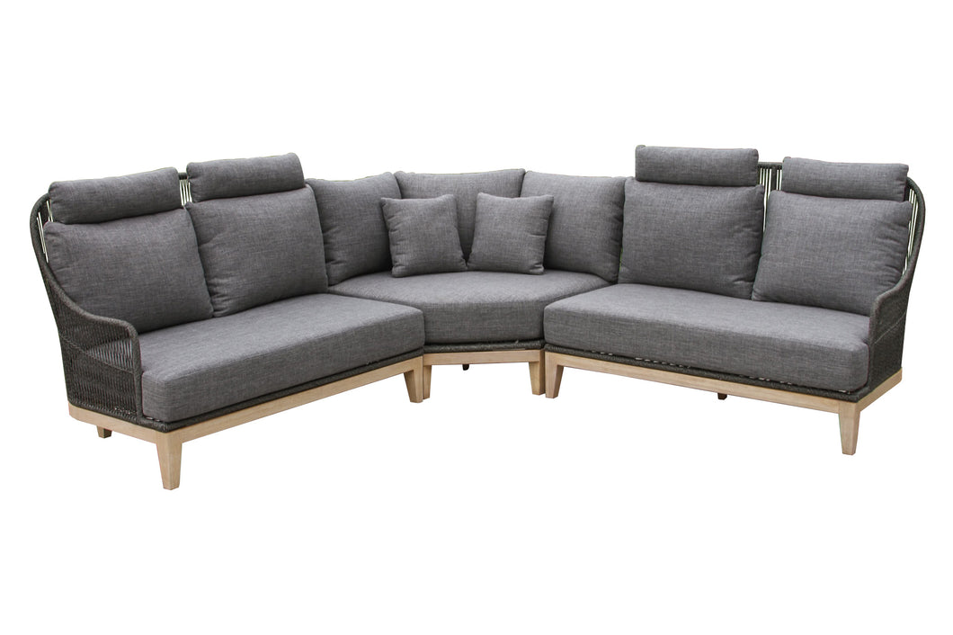 Gray sectional sofa with wooden frame on a white background