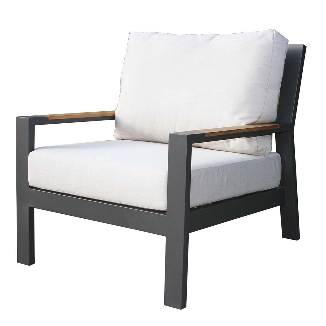 Chair with white cushions and a black frame