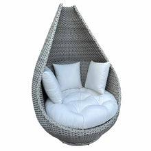 Load image into Gallery viewer, Wicker egg-shaped chair with white cushions
