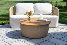 Load image into Gallery viewer, Lucienne Teak &amp; Cable Wicker Round Storage Coffee Table and Matching Sofa
