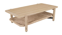 Load image into Gallery viewer, Beige outdoor coffee table with woven bottom shelf
