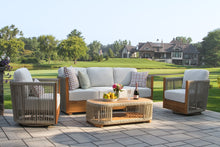 Load image into Gallery viewer, Outdoor patio furniture set with cushions on a patio area.
