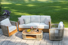 Load image into Gallery viewer, Giselle Teak &amp; Speckled Cable Wicker Swivel Chair with Acrylic Fabric Cushions
