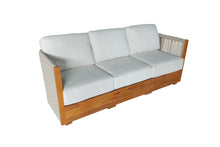 Load image into Gallery viewer, Wooden outdoor sofa with white cushions on a white background
