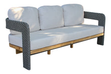 Load image into Gallery viewer, Outdoor sofa with gray cushions and wicker frame on a white background
