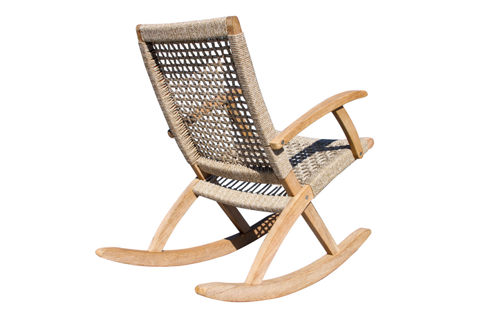 A beige eucalyptus and rope rocking chair with a hardwood frame and stainless steel hardware, handwoven with double-spun polyester rope.
