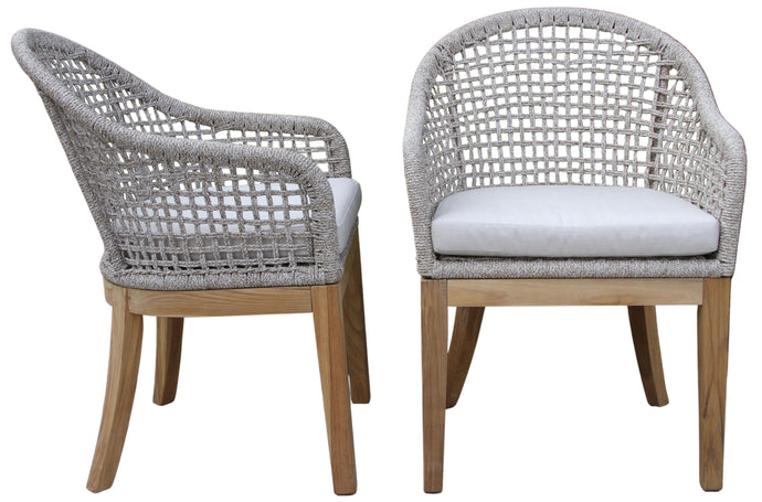 Two Lucienne Coastal Rope & Teak Armchairs with Sunbrella cushions, one viewed from the front and the other from the side, showcasing the chairs' solid hardwood legs and the rope weave detailing.