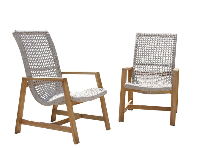 Two beige lounge chairs made with teak wood frames and rope seating.