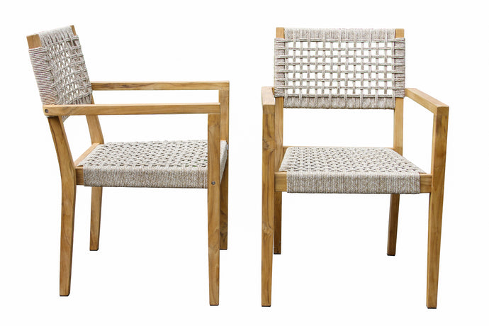 A pair of stacking armchairs with coastal rope and teak frames, featuring cushioned seats and backrests.