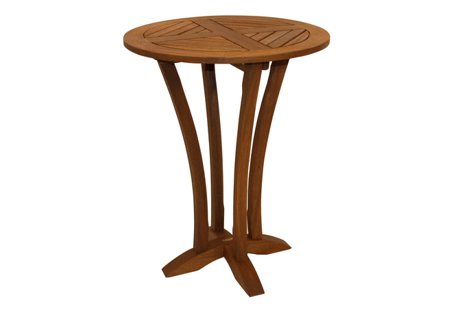 A round bar table with a slatted design and a curved podium base made of sustainable eucalyptus hardwood, without an umbrella hole.