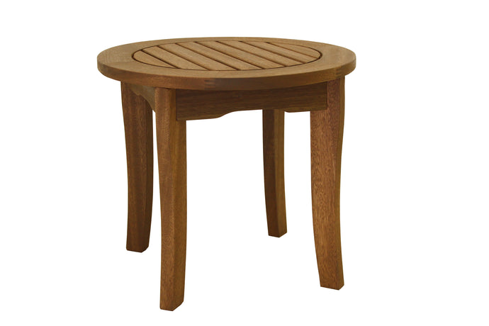 A round eucalyptus wood end table with stainless steel hardware and resin footpads, without an umbrella hole.