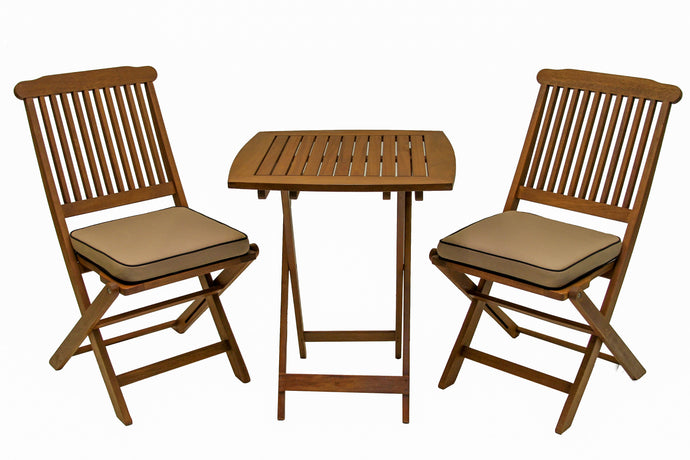 A set of two brown folding chairs with cushions and a square folding bistro table made of eucalyptus wood, displayed against a white background.