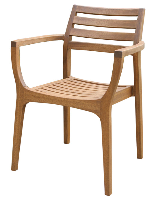 A single Mirabella Danish-inspired stacking armchair made of eucalyptus wood, with a natural finish, having a slatted wood backrest and seat.