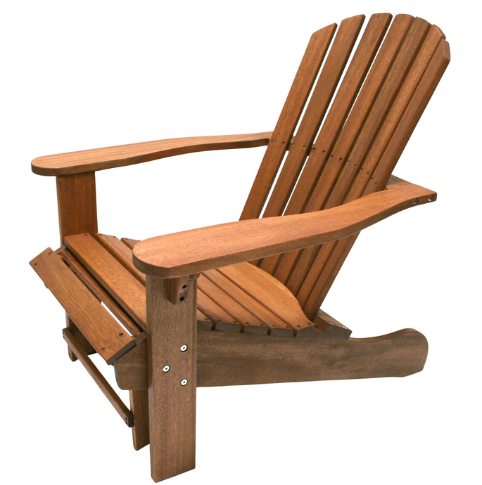 A brown eucalyptus wood Adirondack chair with a built-in ottoman, featuring stainless steel hardware and resin footpads.