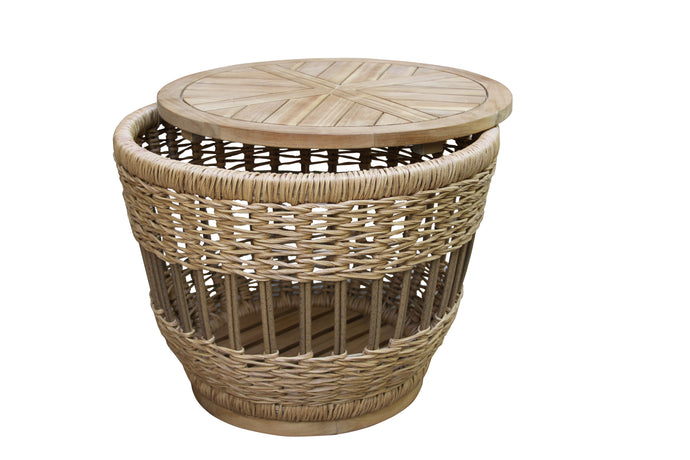 A round wicker storage table with a teak wood top and wicker base, featuring stainless steel hardware.