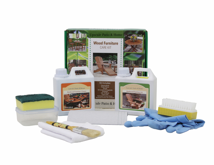 A set of products for wood furniture care, including bottles of linseed oil and cleaner, a brush, gloves, sandpaper, and a cleaning cloth.